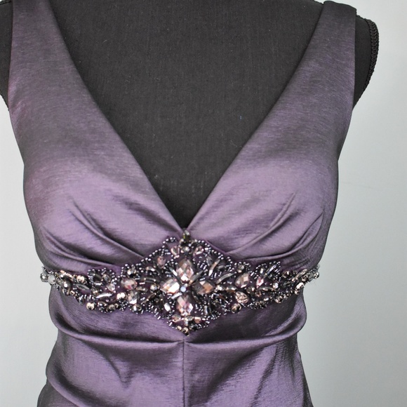 Floor Length Gray Shimmer Deep V & Fishtail Dress - Picture 1 of 5